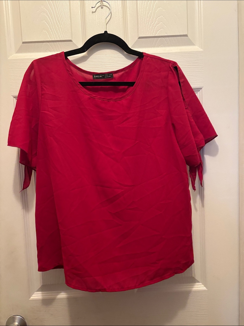 SHEIN Bright Red Flutter Sleeve Tie Blouse